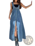 Blue denim maxi overall dress with front button closure and high slit for stylish casual wear