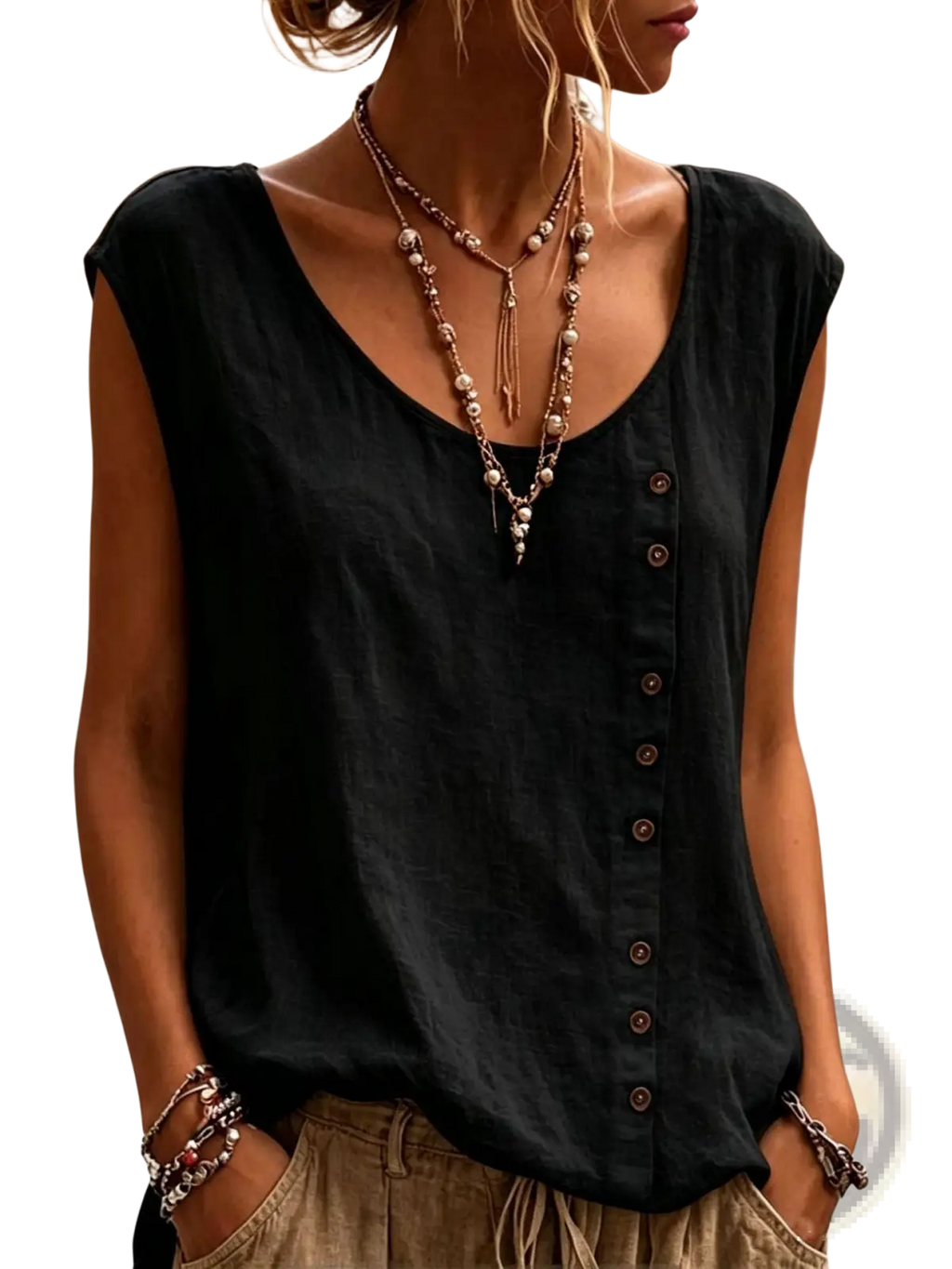 Black sleeveless vest loose casual top with v-neck and button front detail suitable for everyday wear