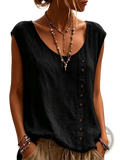 Black sleeveless vest loose casual top with v-neck and button front detail suitable for everyday wear