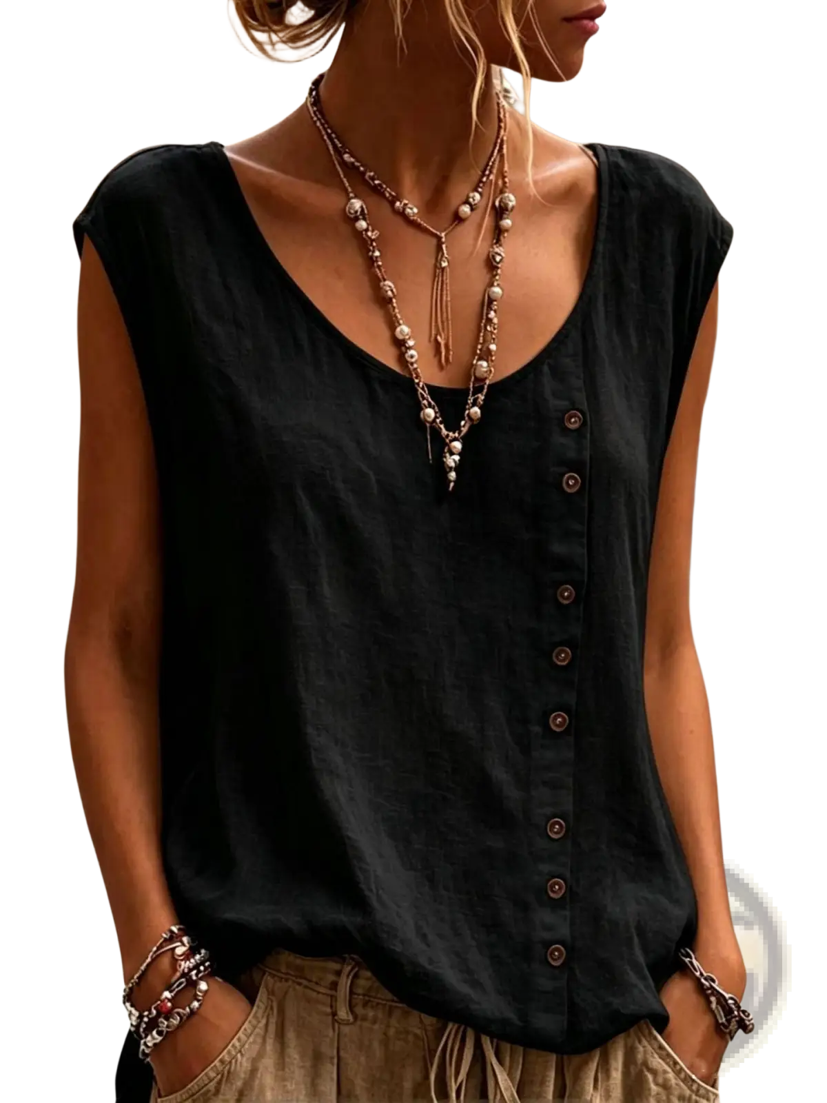 Black sleeveless vest loose casual top with v-neck and button front detail suitable for everyday wear