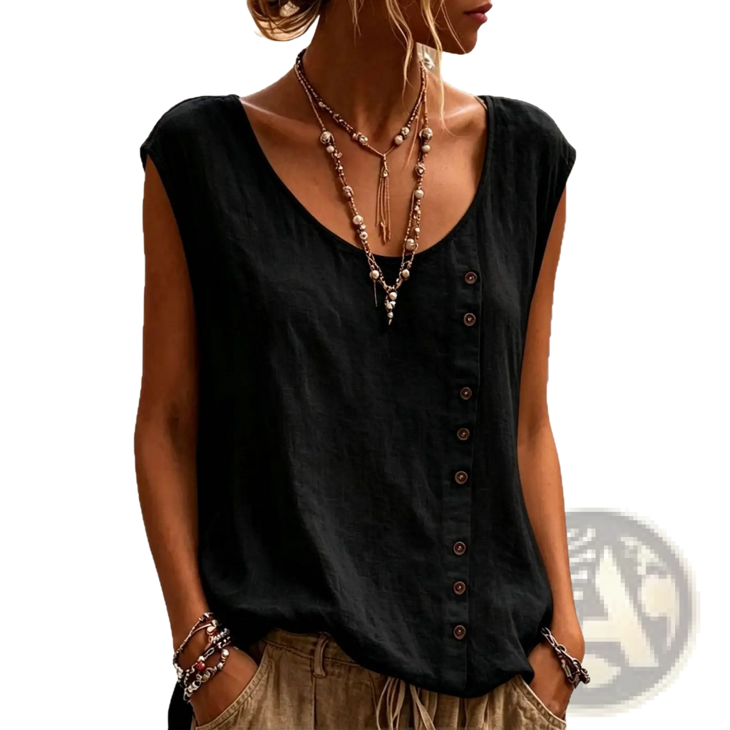 Black sleeveless vest top with v-neck and front button closure designed for loose casual wear