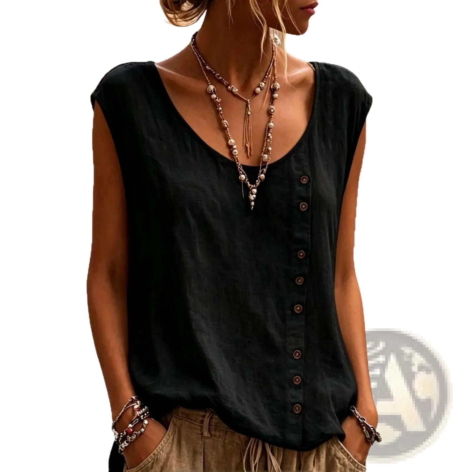 Black sleeveless vest top with v-neck and front button closure designed for loose casual wear