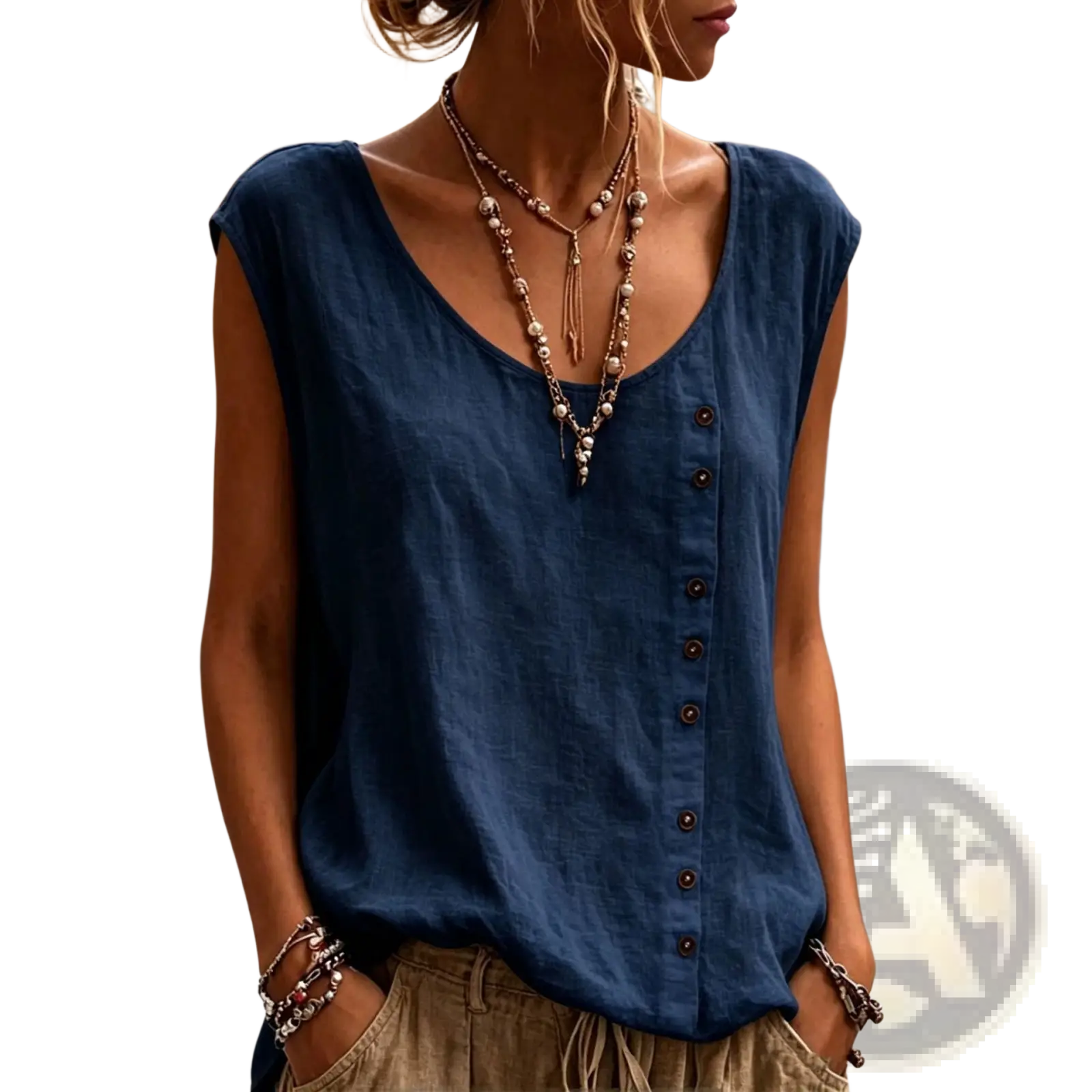 Navy blue button front sleeveless vest with relaxed fit and v-neckline perfect for casual wear