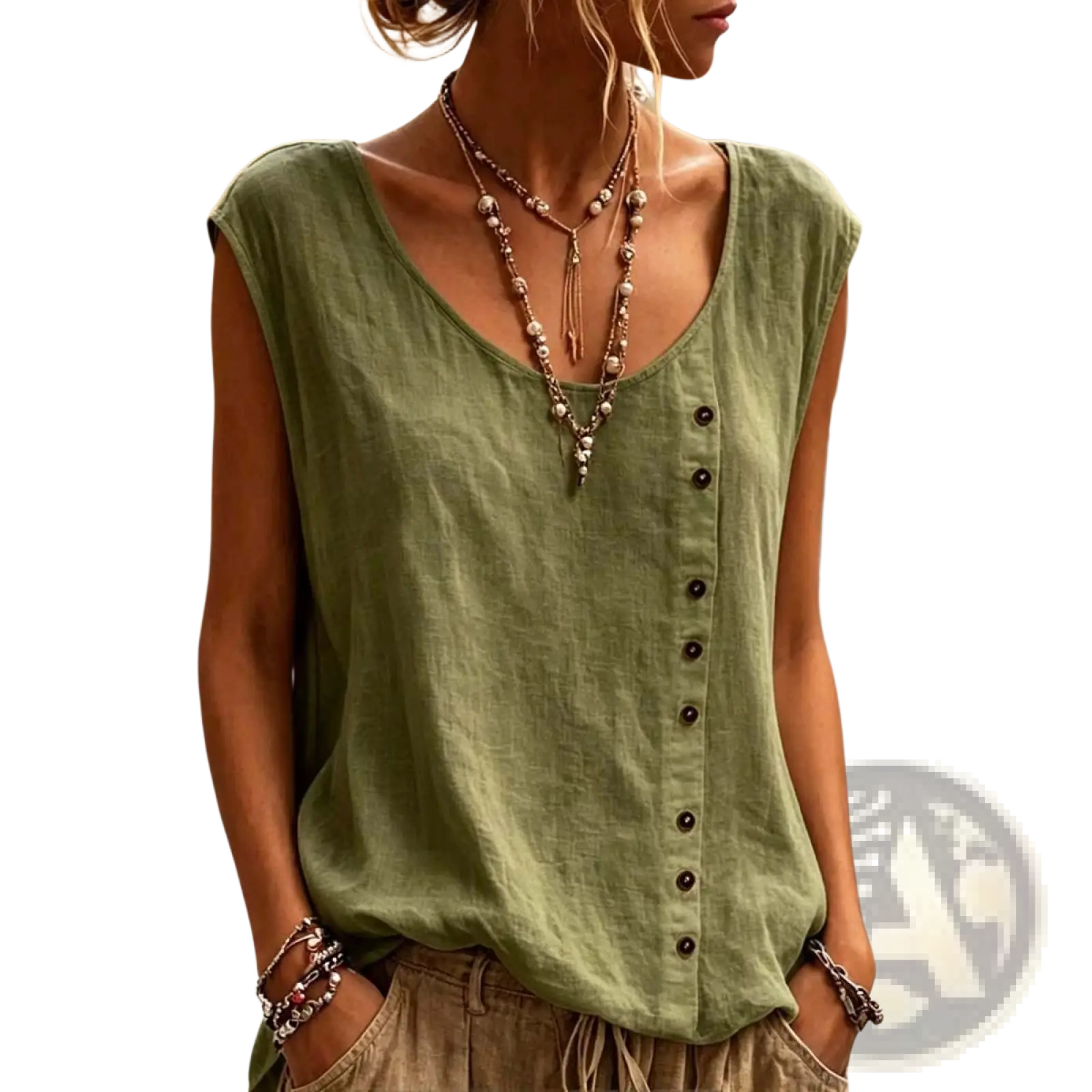 Olive green sleeveless vest with dark buttons down the front made of loose casual fabric for comfortable wear