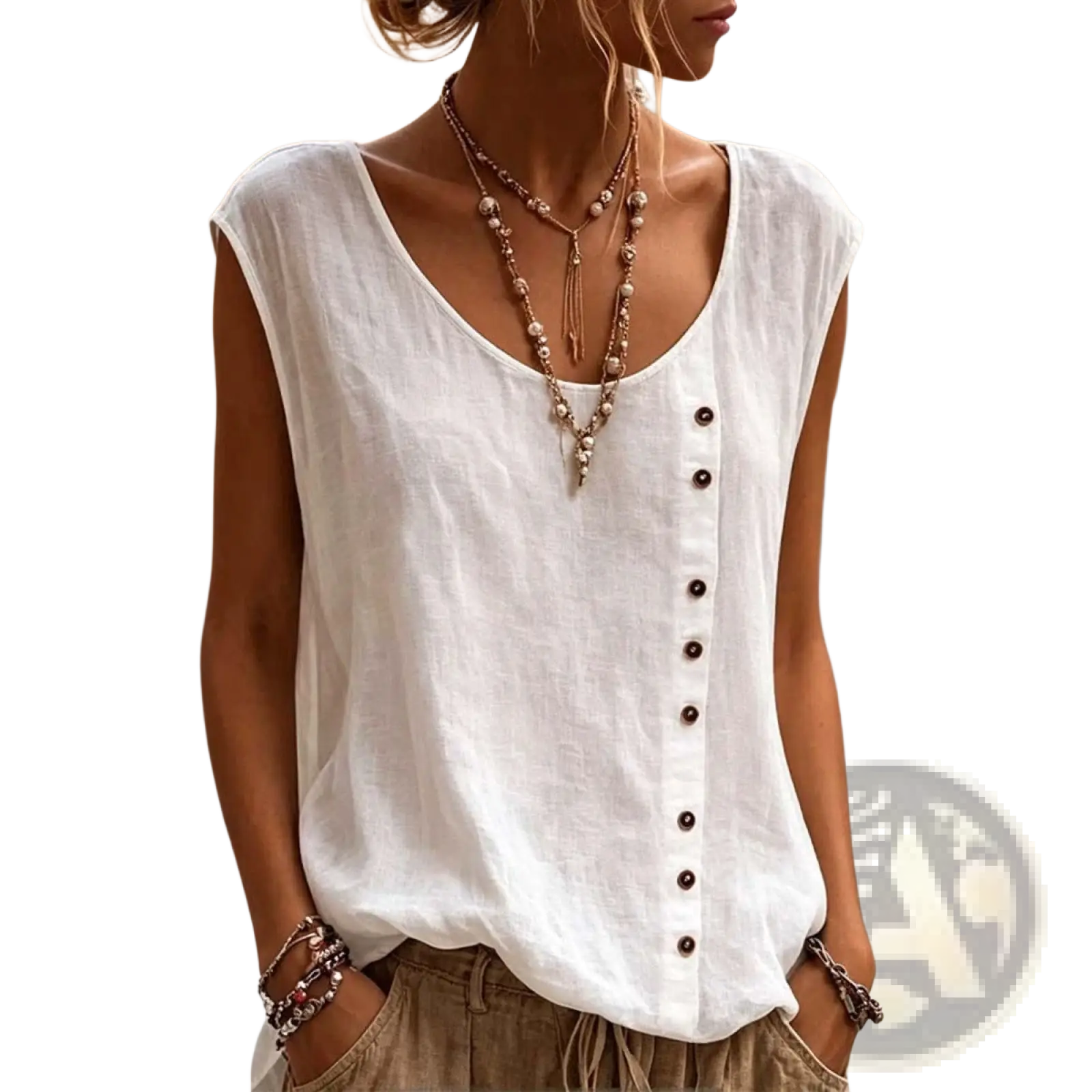 White sleeveless vest top with v neckline and dark buttons down the front casual loose fit for summer wear