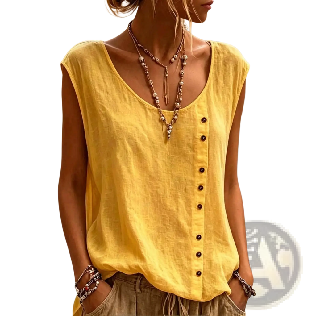 Yellow sleeveless v-neck vest with dark buttons down the front in a loose casual style perfect for everyday wear