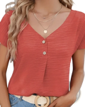 Coral button front v neck short sleeve textured blouse with three buttons down the front for casual wear