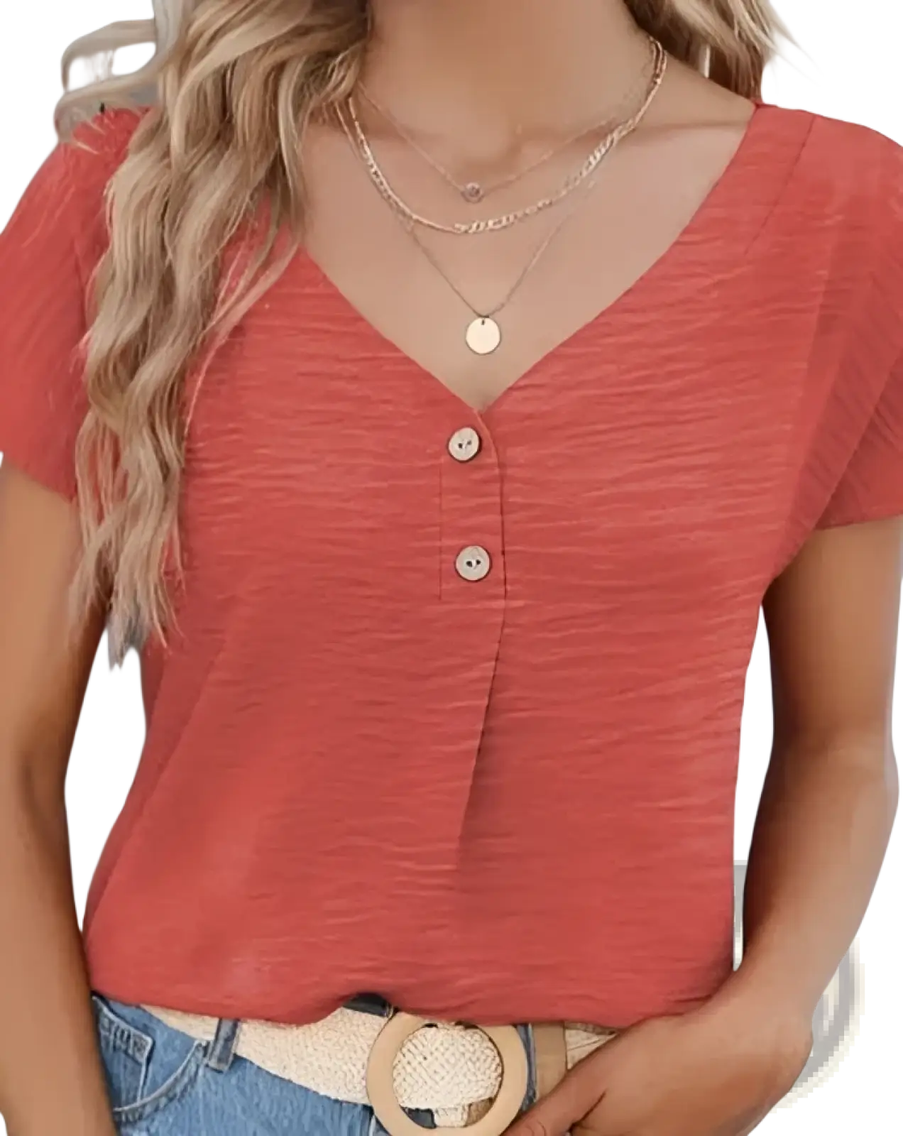 Coral button front v neck short sleeve textured blouse with three buttons down the front for casual wear