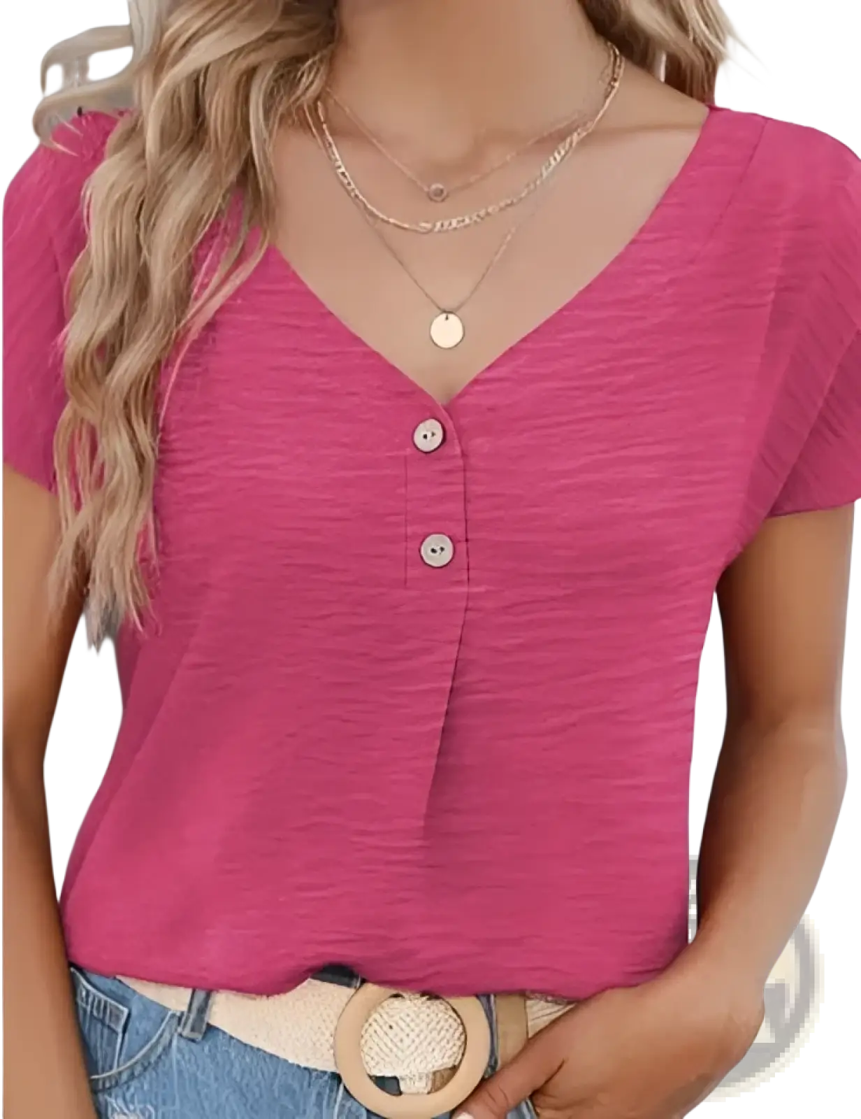 A vibrant pink button front v neck short sleeve textured blouse with three buttons down the front