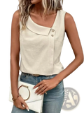 White clutch with gold-tone circular handle complementing casual sleeveless button vest women top