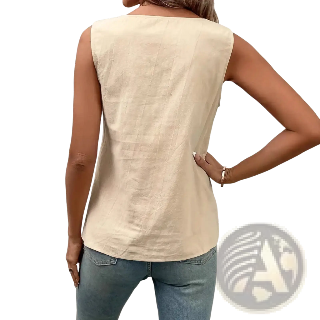 Beige button vest women casual sleeveless top with relaxed fit and subtle texture perfect for everyday wear