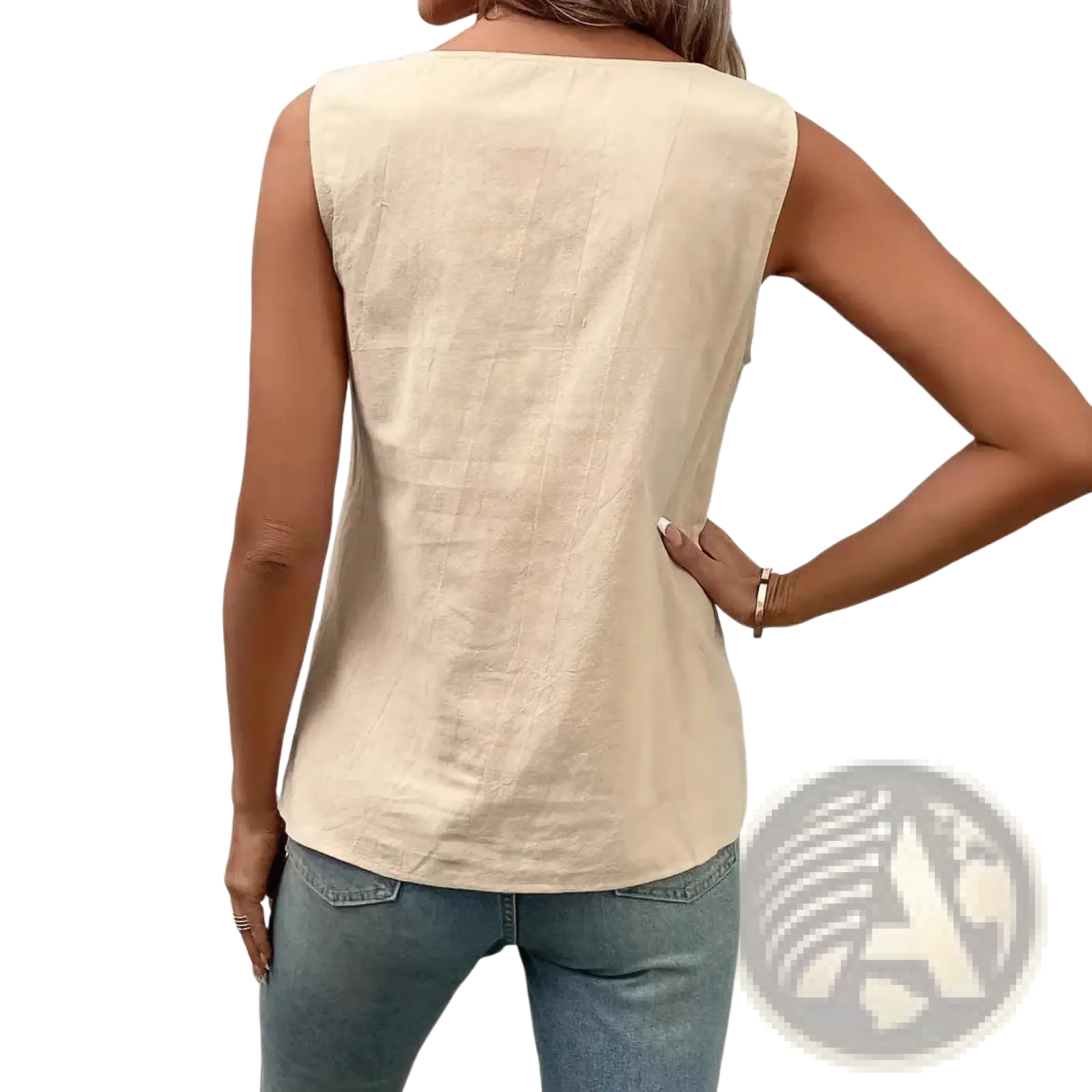 Beige button vest women casual sleeveless top with relaxed fit and subtle texture perfect for everyday wear