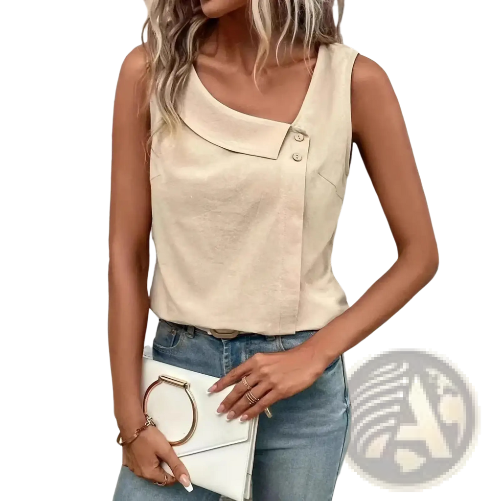 Beige button vest women casual sleeveless top with asymmetrical collar and two decorative front buttons