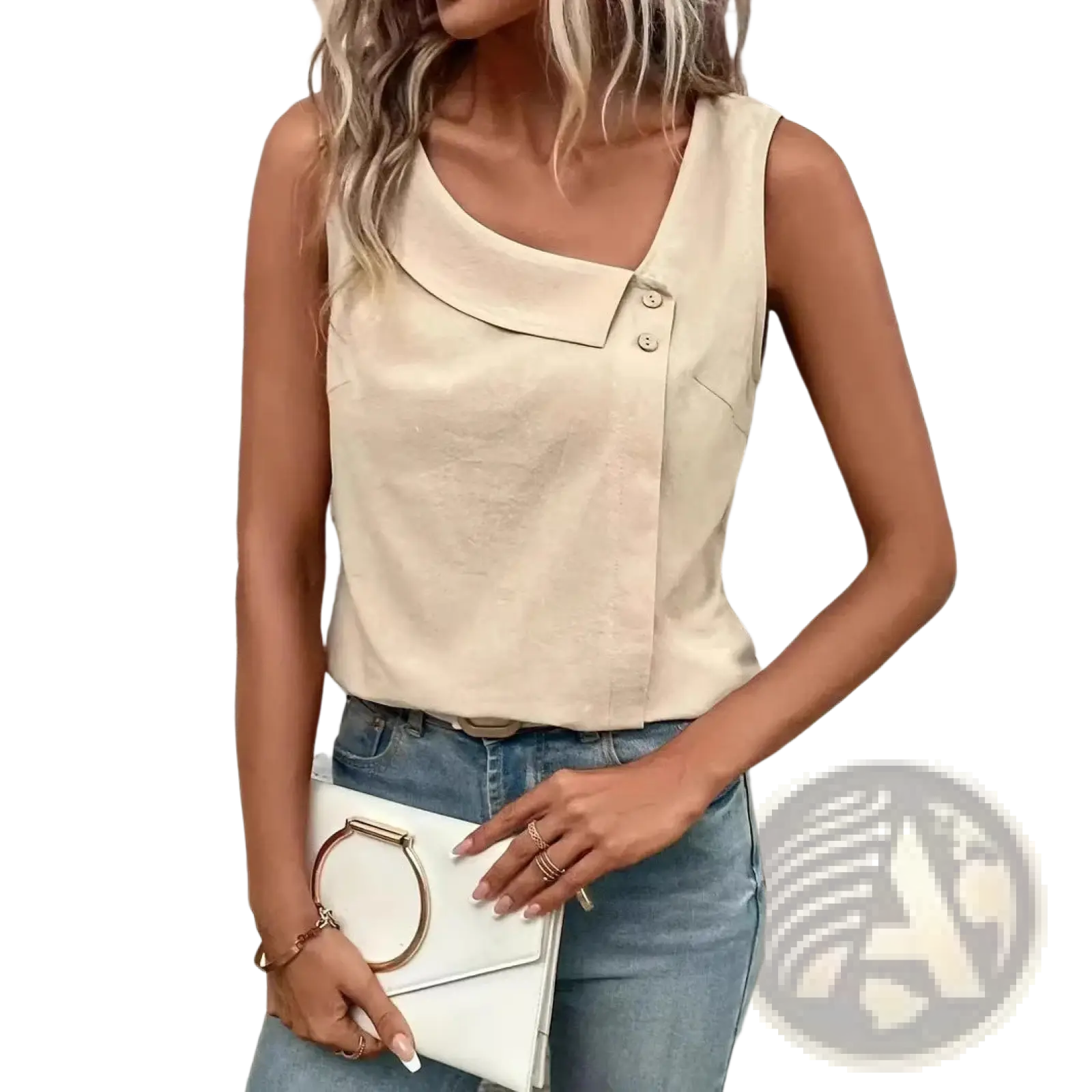 Beige button vest women casual sleeveless top with asymmetrical collar and two decorative front buttons
