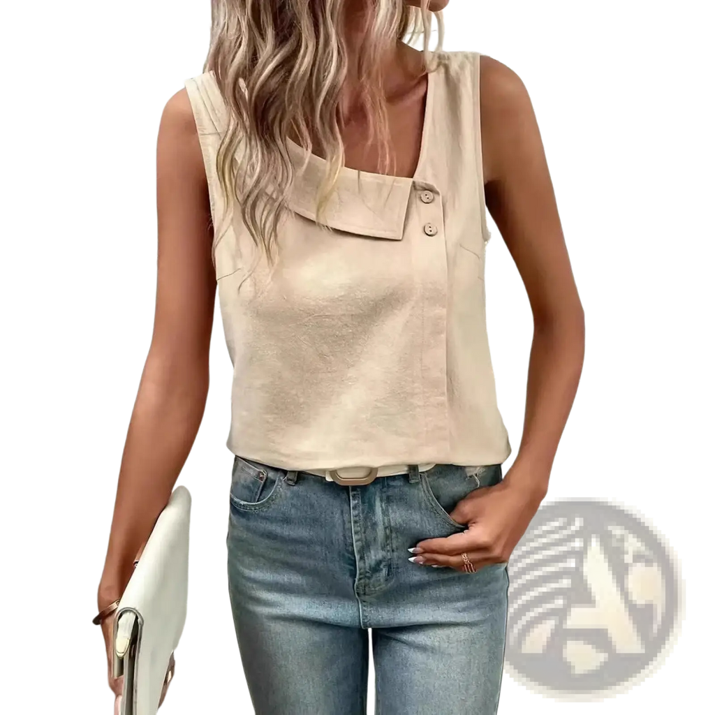 Beige button vest women casual sleeveless top with square neckline and button detail for everyday wear