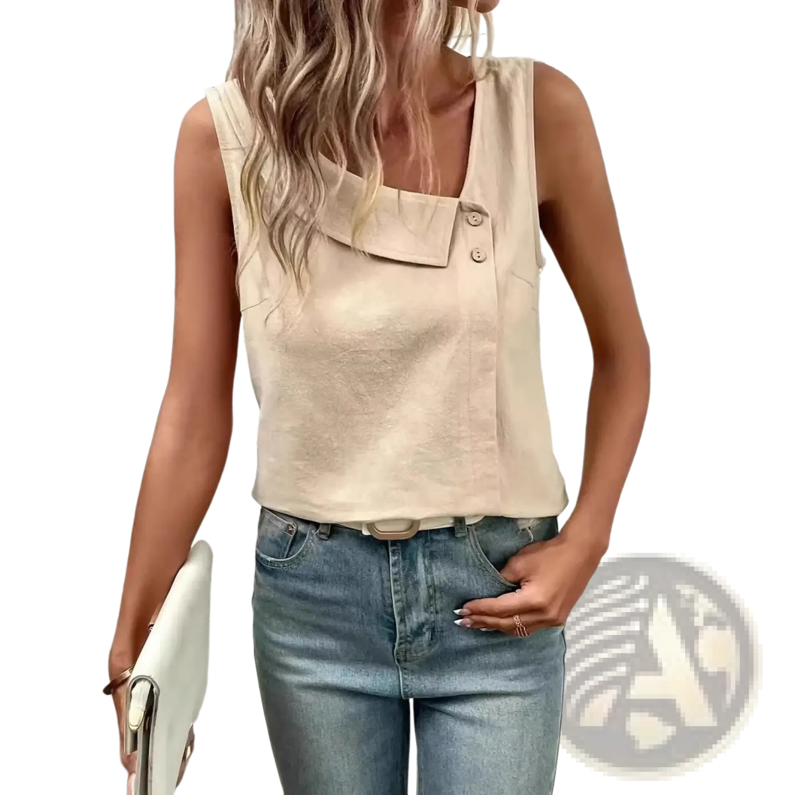 Beige button vest women casual sleeveless top with square neckline and button detail for everyday wear