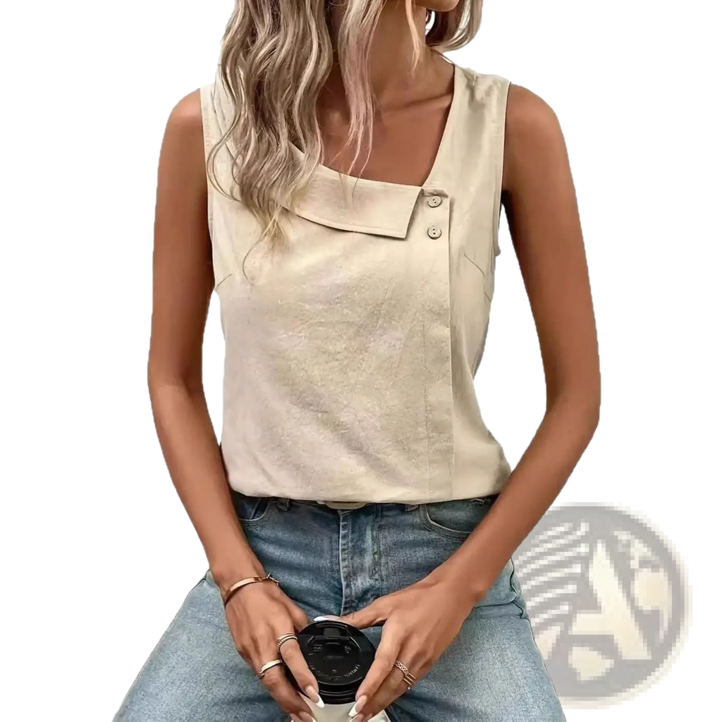 Beige button vest women casual sleeveless top with a square neckline and two buttons on the collar