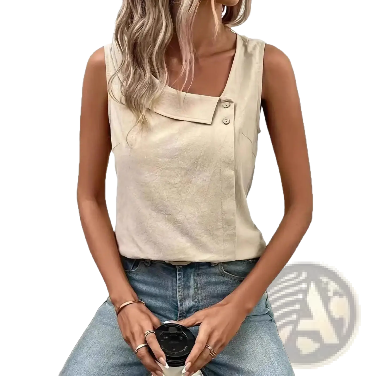 Beige button vest women casual sleeveless top with a square neckline and two buttons on the collar