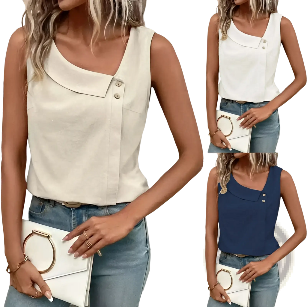 A stylish cream or navy blue button vest women casual sleeveless top made from lightweight fabric