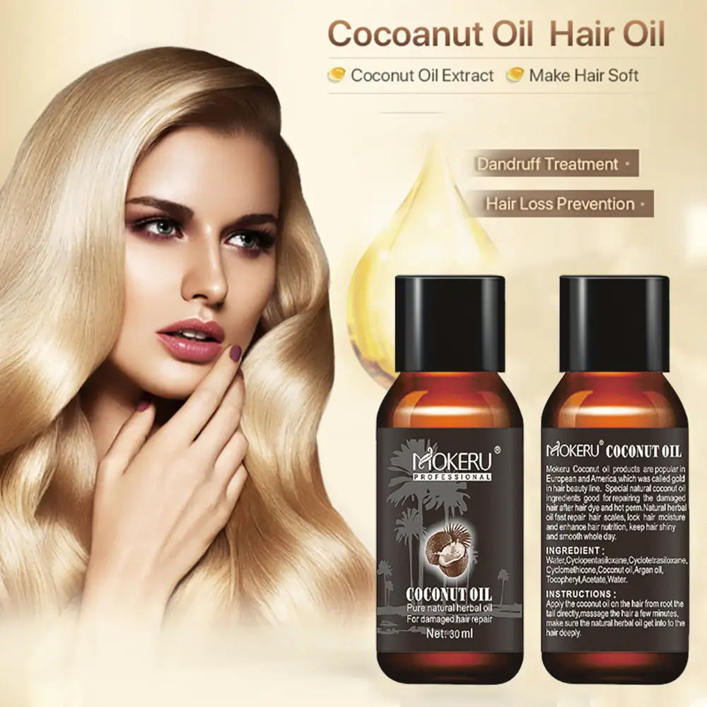 Dos frascos de vidrio ámbar con tapas negras y etiquetas oscuras con gráficos de palmeras, rotulados como sérum reparador de aceite de coco Mokeru Professional para frizz y daño, 30 ml.