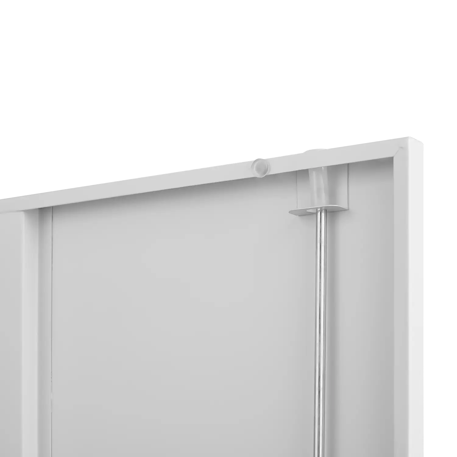 White framed shower door with a sleek chrome vertical handle shown alongside a steel file cabinet 70 inch 2 door lockable white storage unit.