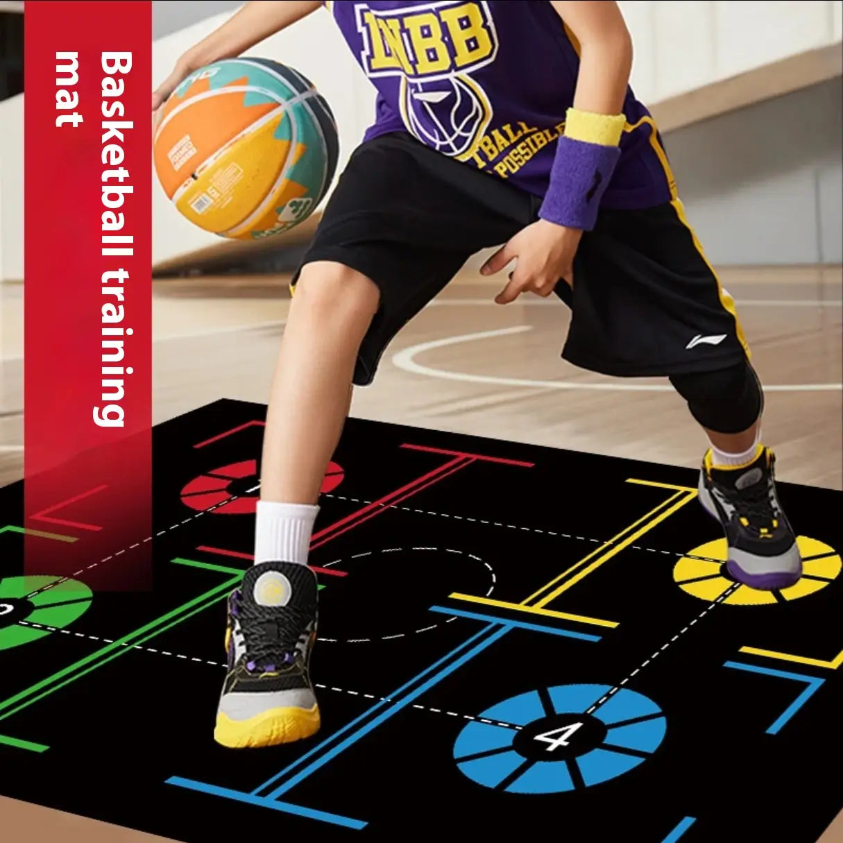 black basketball training mat with non slip footwork drill pad featuring colorful geometric court markings in red green blue and yellow