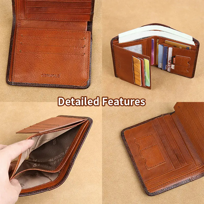 Brown leather bifold men’s RFID wallet with multiple card slots and textured interior lining featuring a zip coin pocket.