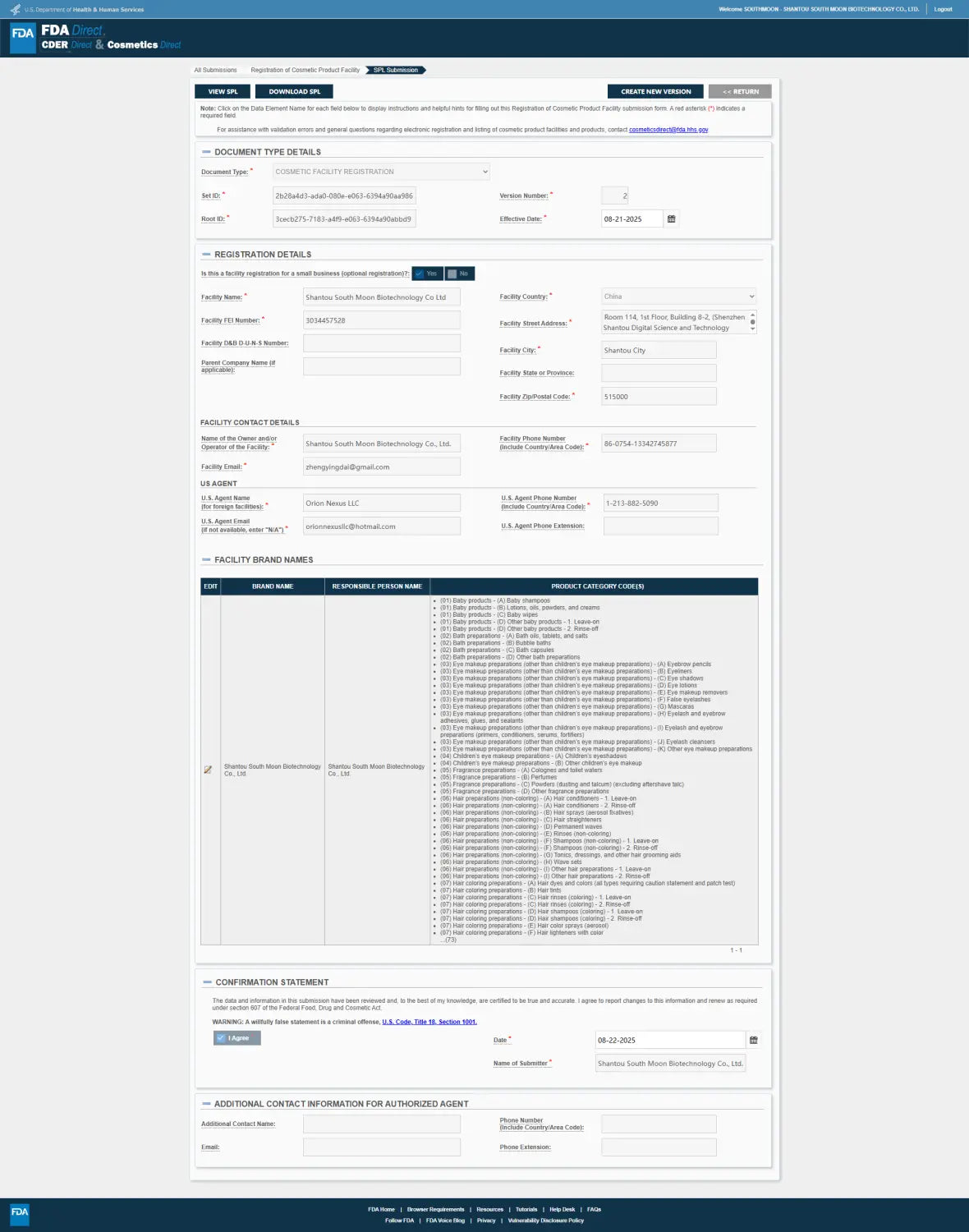 Fda cosmetics registration form displaying facility details product information and a table listing various cosmetic products including men’s essential oil jojoba massage vitality 10ml.