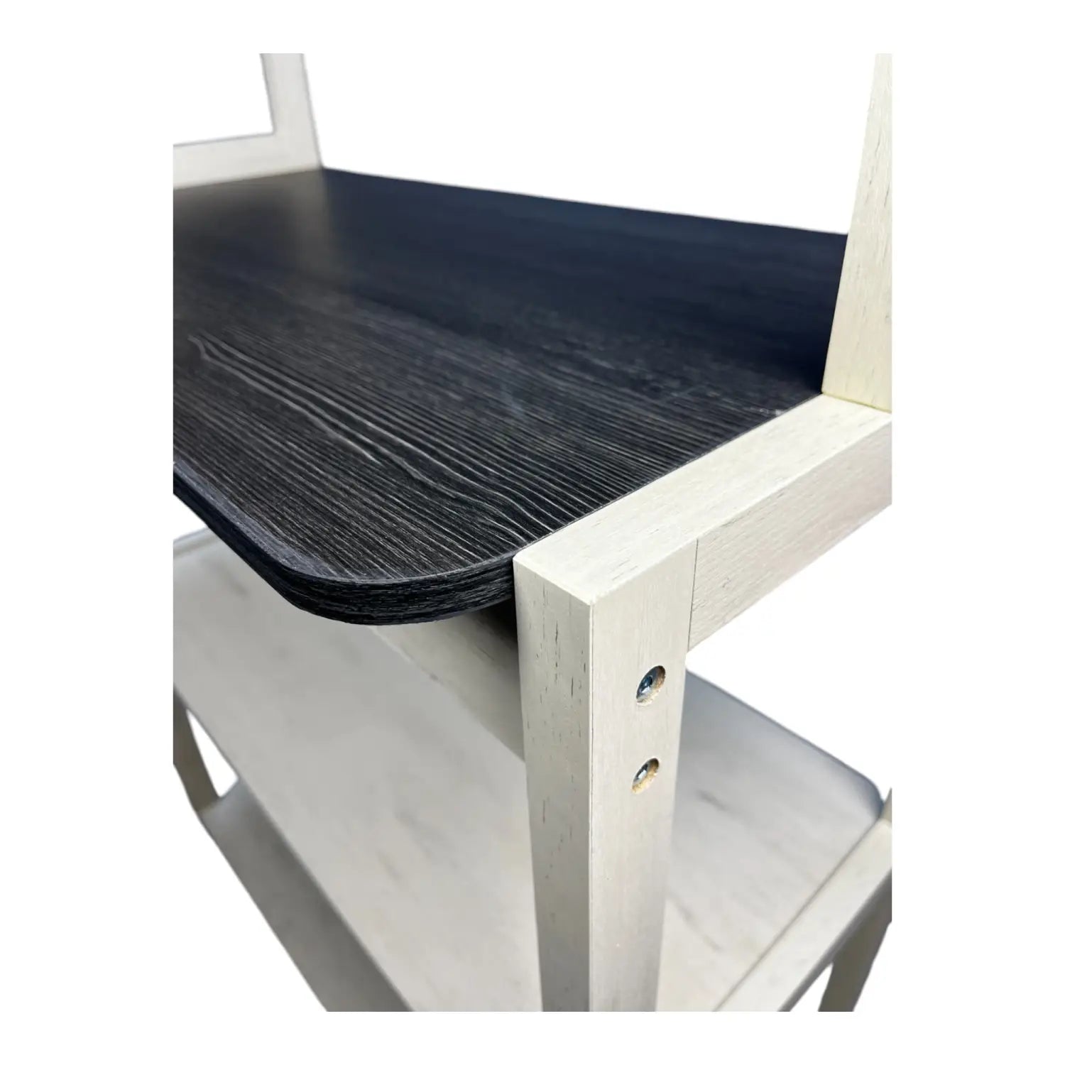 White wooden 5-tier kitchen baker’s rack microwave stand with a dark gray wood-grain top surface in white and black for organized kitchen storage.