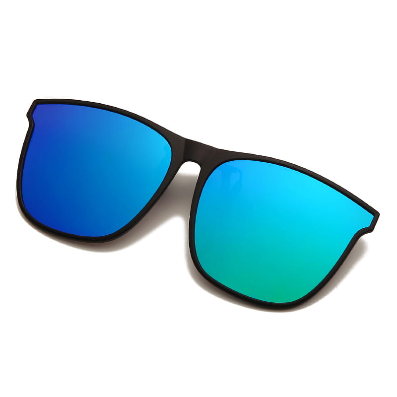 Black-framed polarized gradient photochromic magnetic clip on sunglasses with blue and teal mirrored lenses.