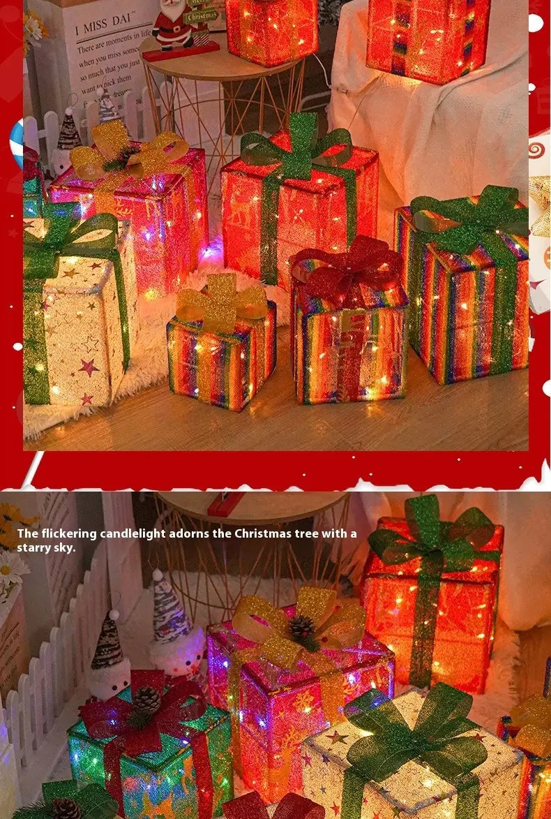 led christmas gift box set featuring illuminated gift boxes with glowing lights and glitter bows for festive decoration.