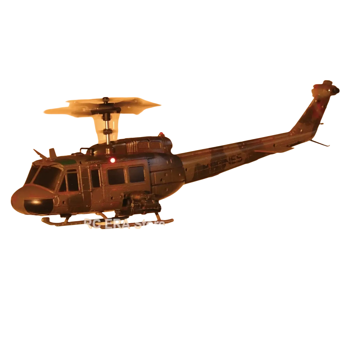 Brown and black c032 uh1 remote control helicopter with camouflage weathered military markings and detailed design