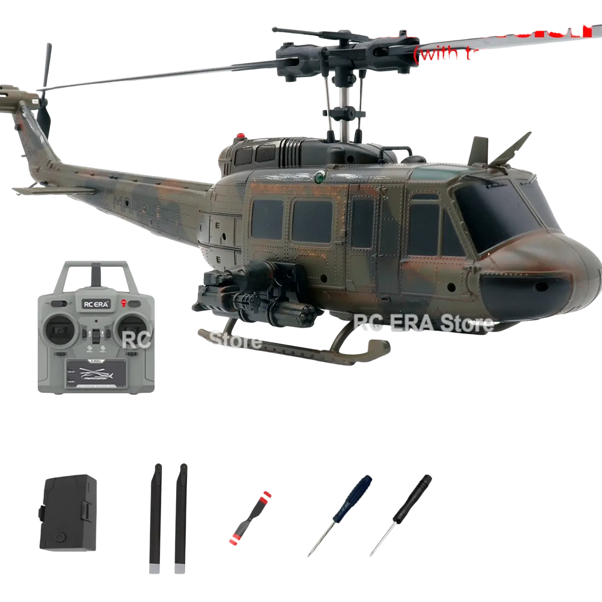 Military-style camouflage weathered c032 uh1 remote control helicopter with detailed cockpit and rotor blades