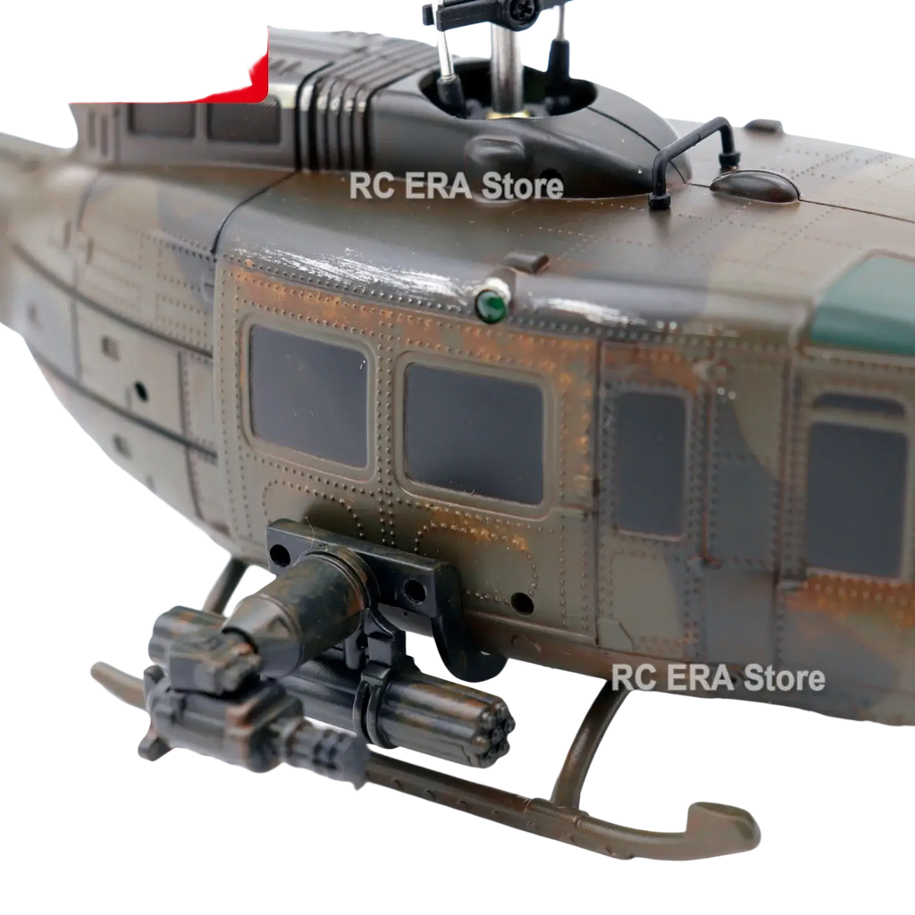 C032 uh1 remote control helicopter model with camouflage weathered finish and detailed metal-like gun turret