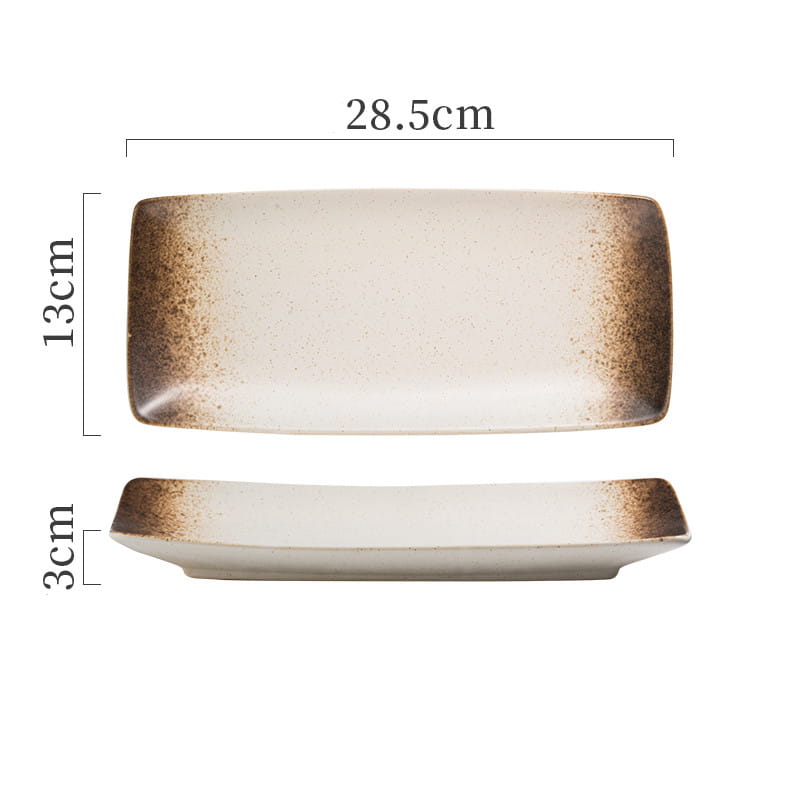 Rectangular ceramic sushi serving plate with a beige center and brown speckled edges designed as a Japanese ceramic tray.