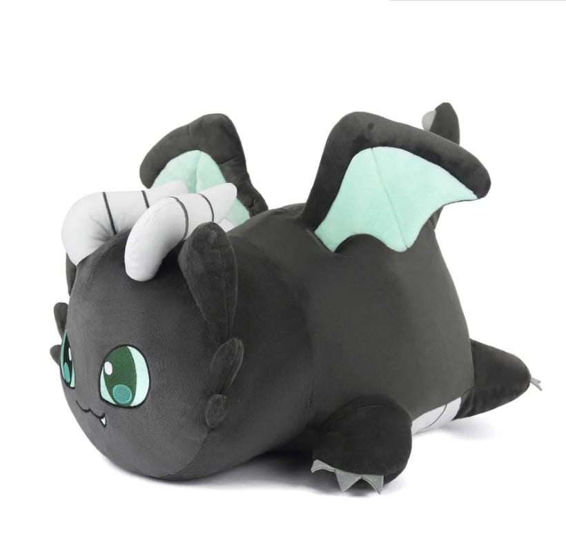 A plush black dragon cat stuffed animal toy for kids measuring 25cm with mint green wings and eyes white horns and gray claws.