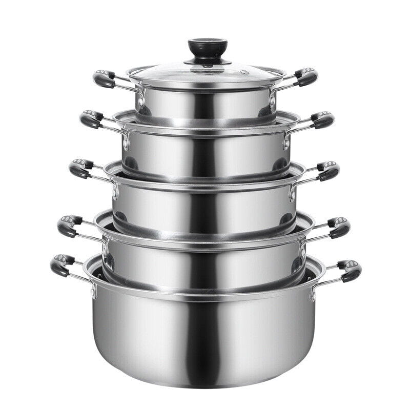 Stacked stainless steel multi-tiered steamer pots with black handles and a glass lid from a stainless steel induction cookware set 5 pieces.