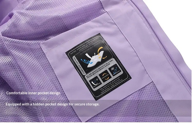 Men’s waterproof sports jacket in light purple mesh fabric featuring a black label patch on the inner pocket.