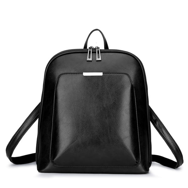 Black pu leather anti-theft backpack with magazine print featuring silver-toned zippers and a minimalist design.