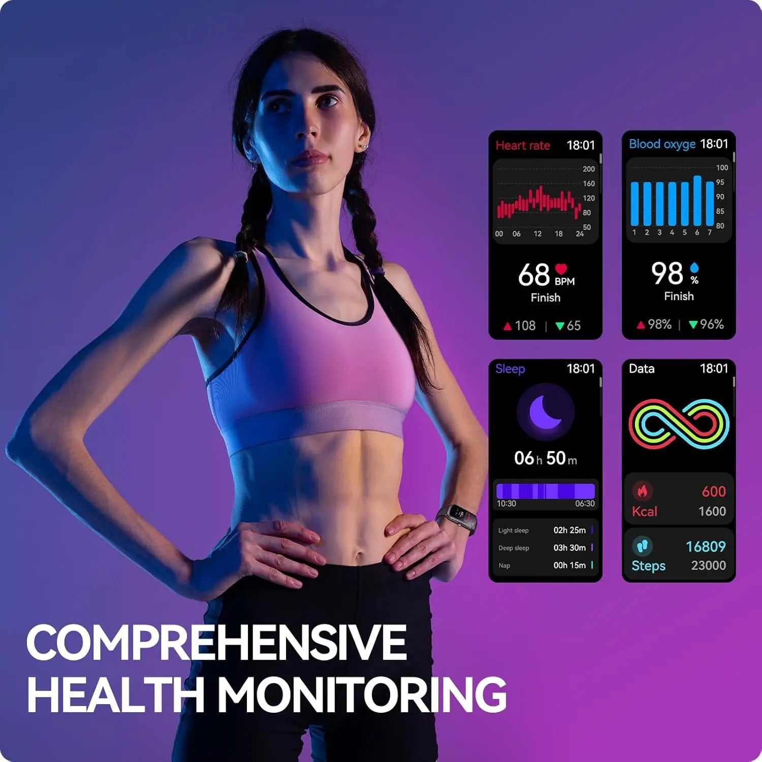 Black Anyloop Amoled fitness smartwatch with sleek minimalist design and digital display showing heart rate and Spo2 monitoring health metrics.