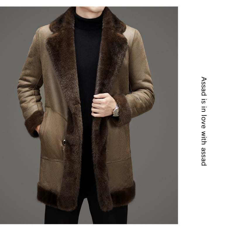 Men’s furs shearling double breasted winter coat in brown with a plush dark brown shearling collar and cuffs.