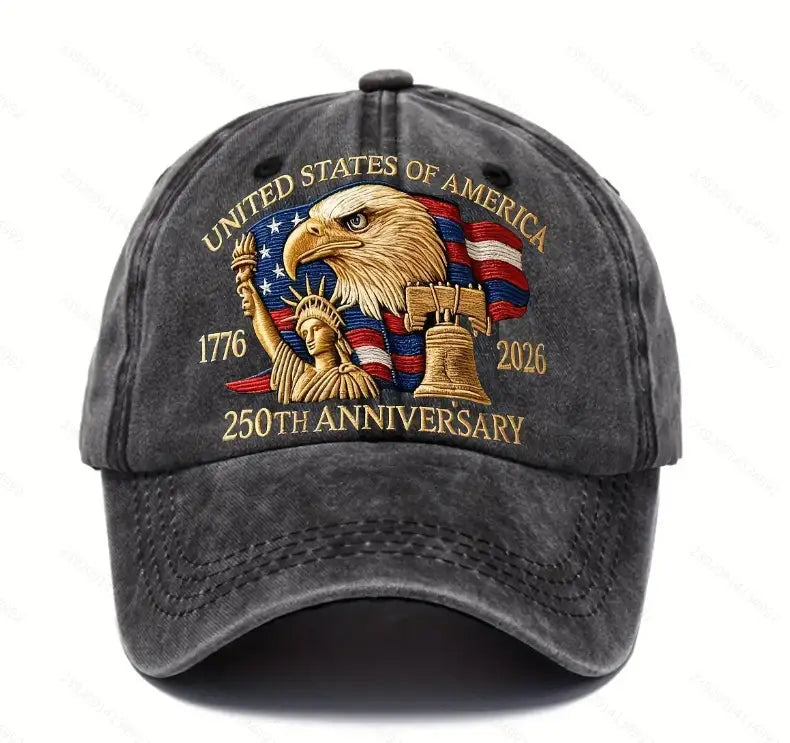 A dark gray distressed baseball cap with embroidered bald eagle, statue of liberty, liberty bell, stars, and stripes commemorating the United States 250th anniversary from 1776 to 2026.