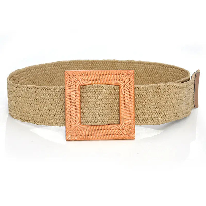 beige woven elastic belt with a square orange-brown buckle made of woven material for adjustable comfortable wear