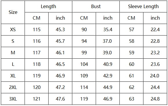 Die Tabelle zeigt eine Größentabelle in Zentimetern und Zoll für einen Damen-Steppmantel mit Kapuze, gepolstert und wattiert, erhältlich in den Größen XS bis 3XL.