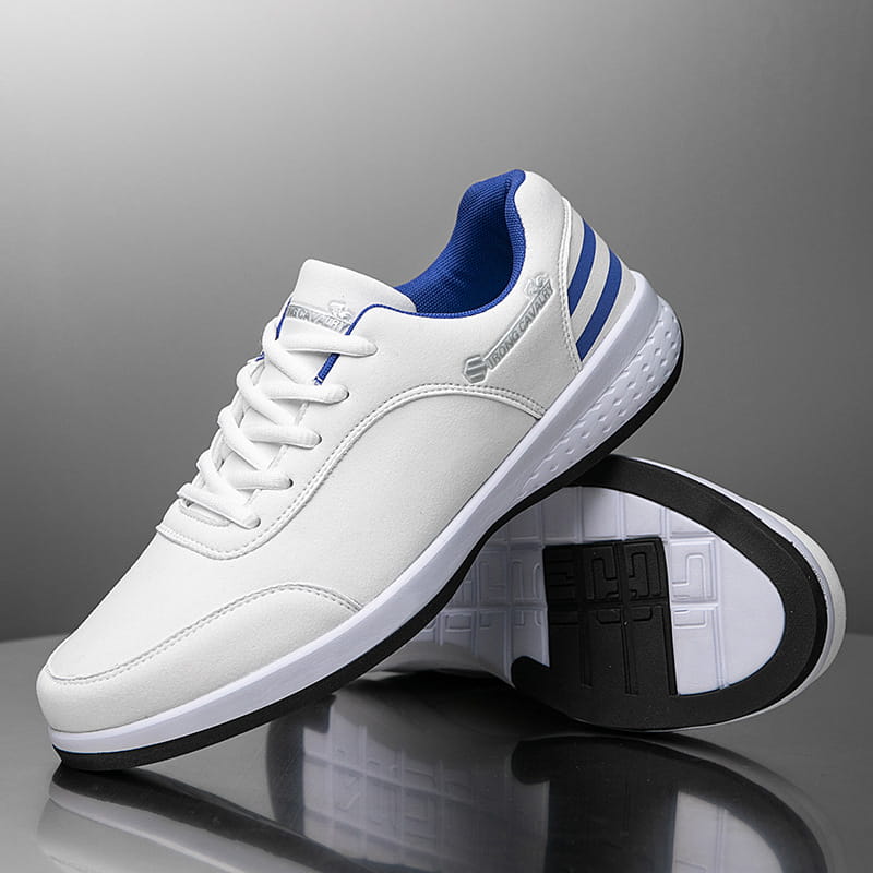 Strong Cavalry breathable mesh casual athletic sneaker in white with blue accents and a black rubber sole designed for comfort and performance.