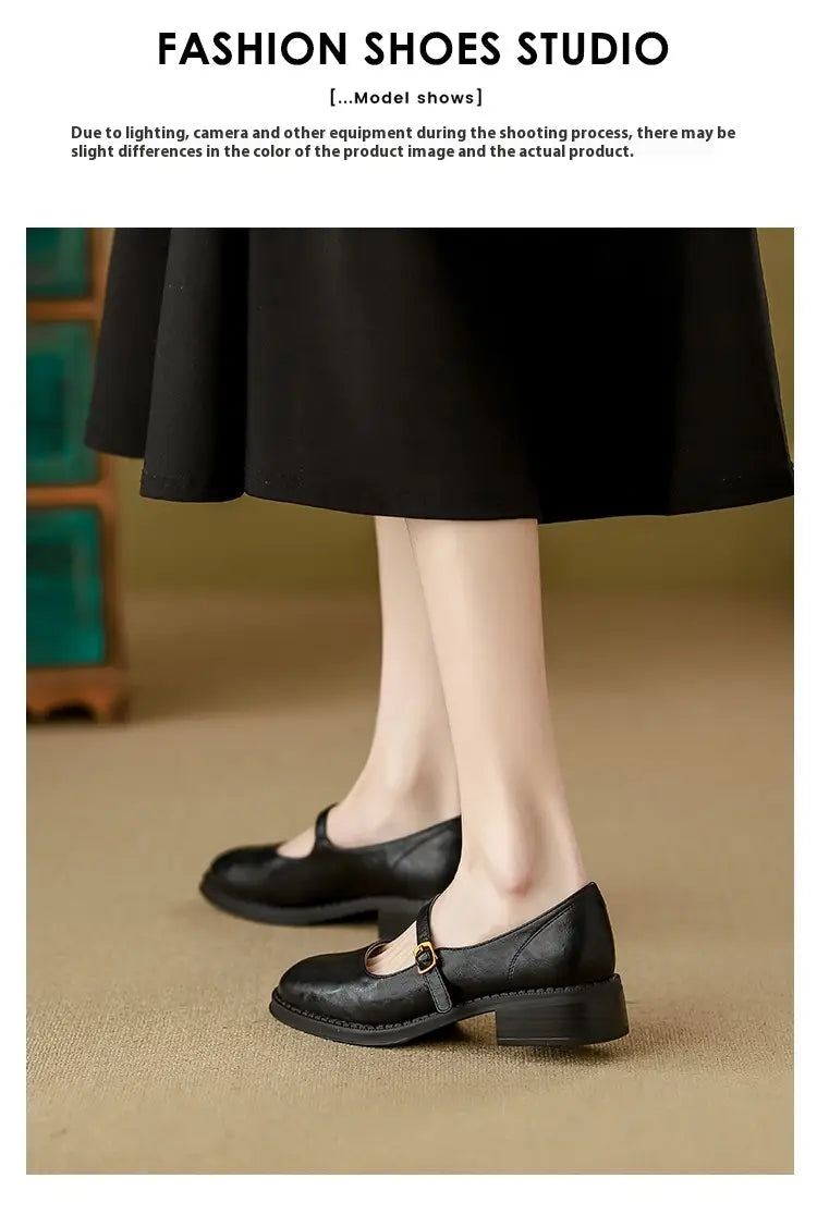 Black leather mary jane shoes with a low block heel and a small buckle strap across the instep.