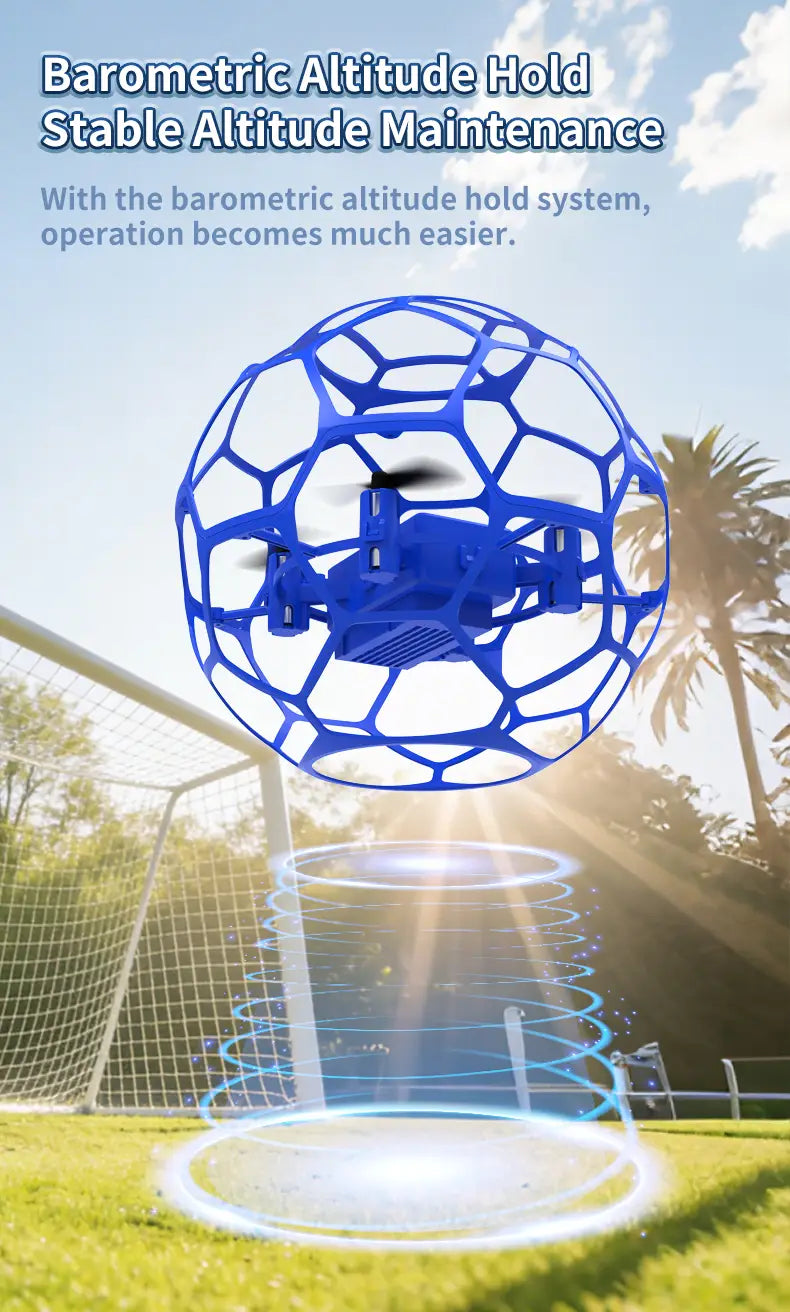 Blue spherical K26 football drone with hexagonal lattice frame and visible propellers inside featuring dual battery for extended playtime