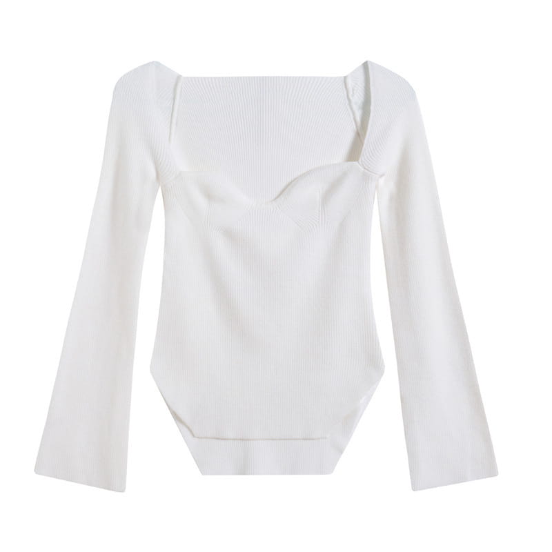 white ribbed knit pullover with a square neckline and flared long sleeves featuring a sweetheart design