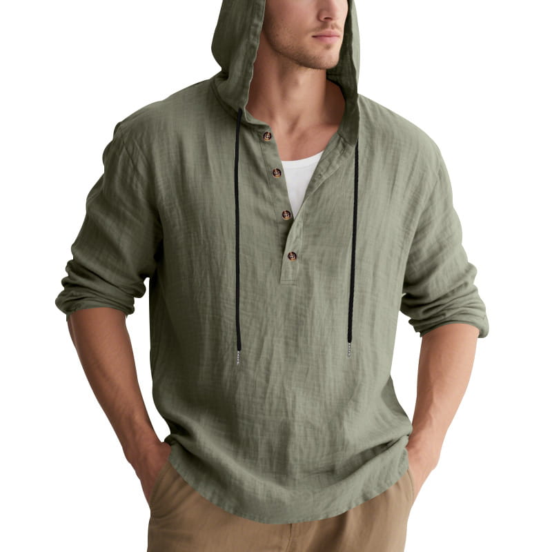 sudadera tipo henley relajada de lino para hombre color verde oliva, con cordones negros y botones de madera.