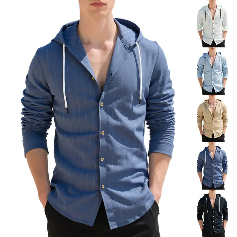 Blaues Nadelstreifen-Slim-Fit-Kapuzen-Leinenhemd für Herren mit Frontknopfleiste und weißen Kordeln.